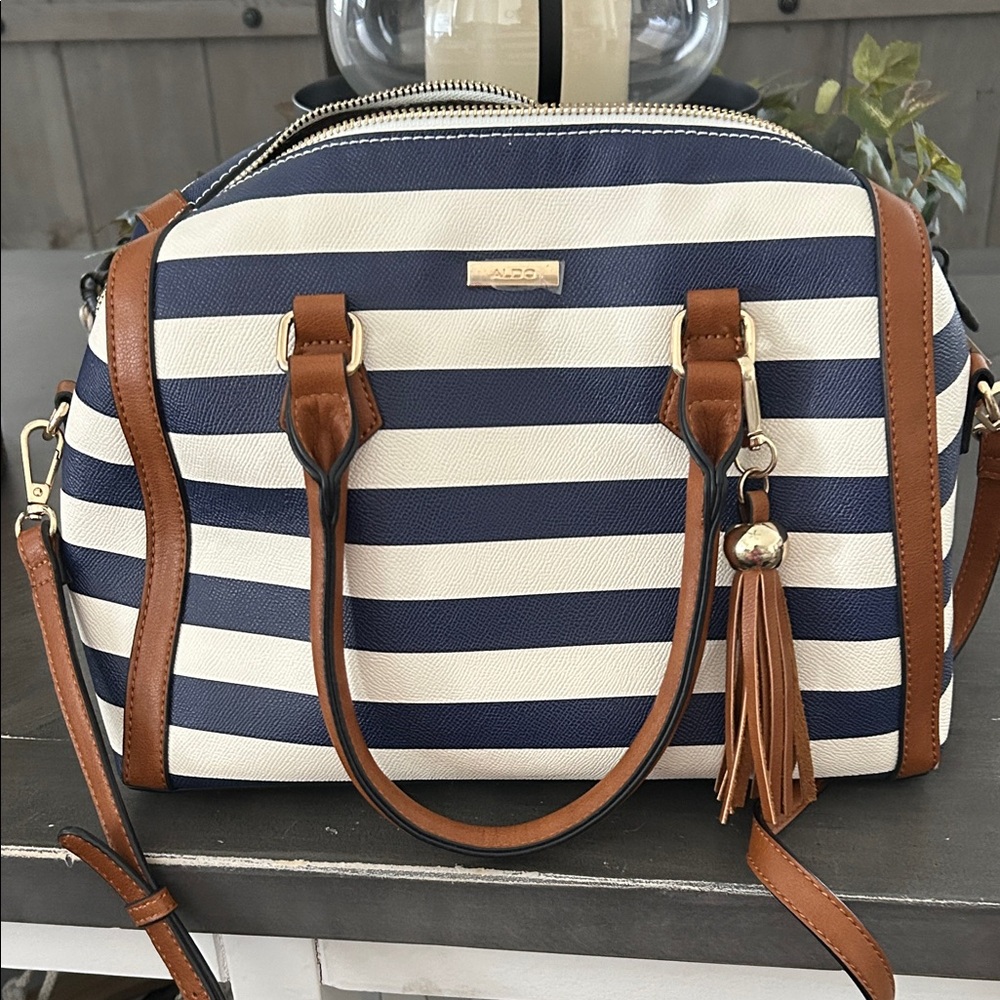 Aldo Striped Satchel in Blue and Cream with Brown Accents